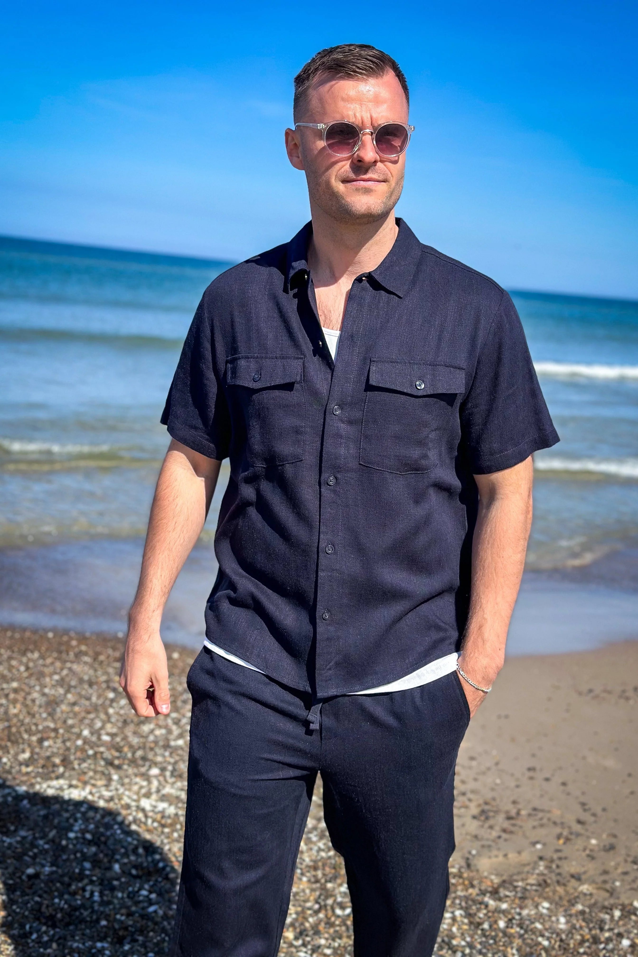 ONLY & SONS Kari Relaxed SS Hemd Viscose Linen Dark Navy - Image 4
