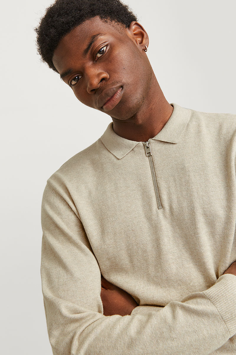 Jack & Jones Emil Knit Polo Half Zip LS Oatmeal - Image 4