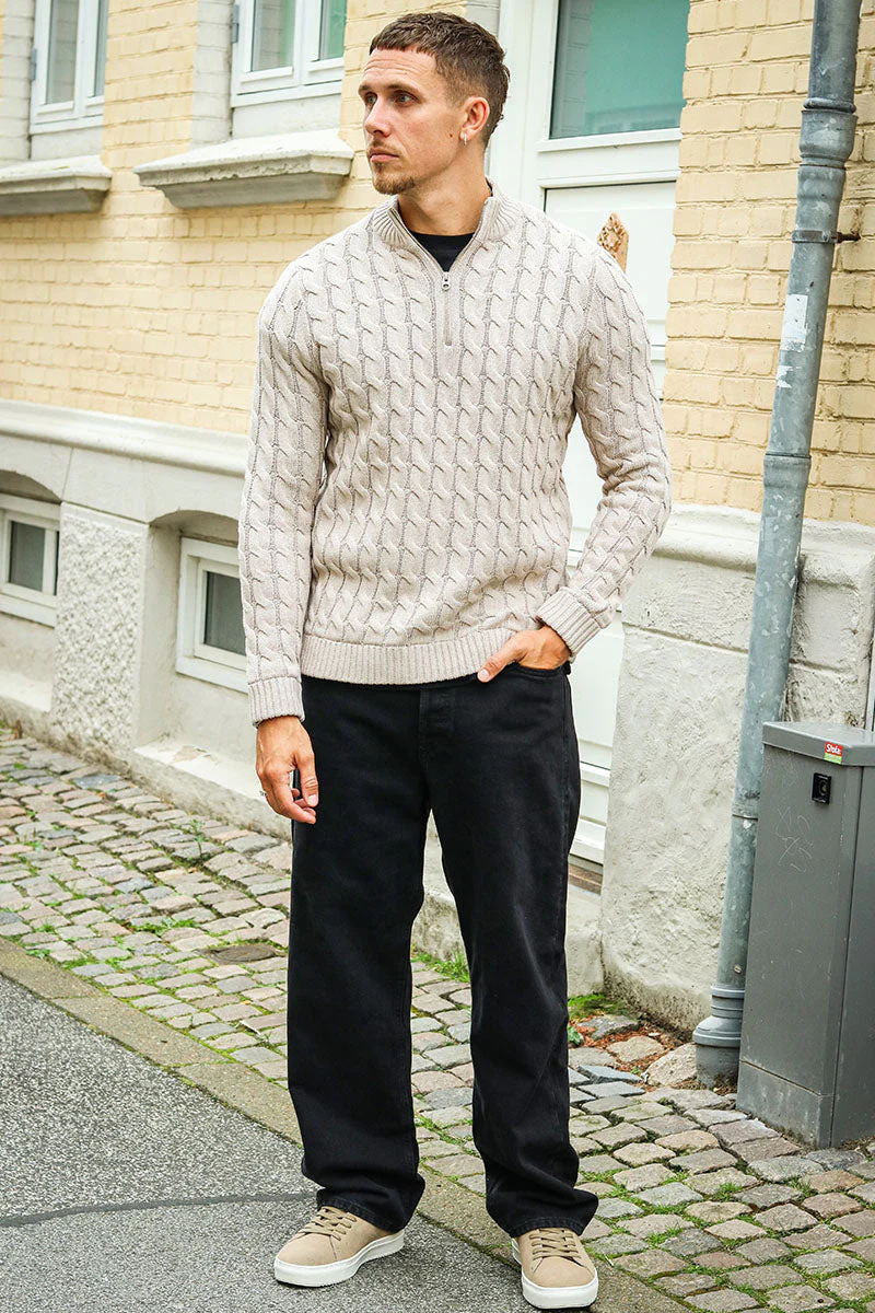 ONLY & SONS Kicker Cable Knit Half Zip Oatmeal - Image 2