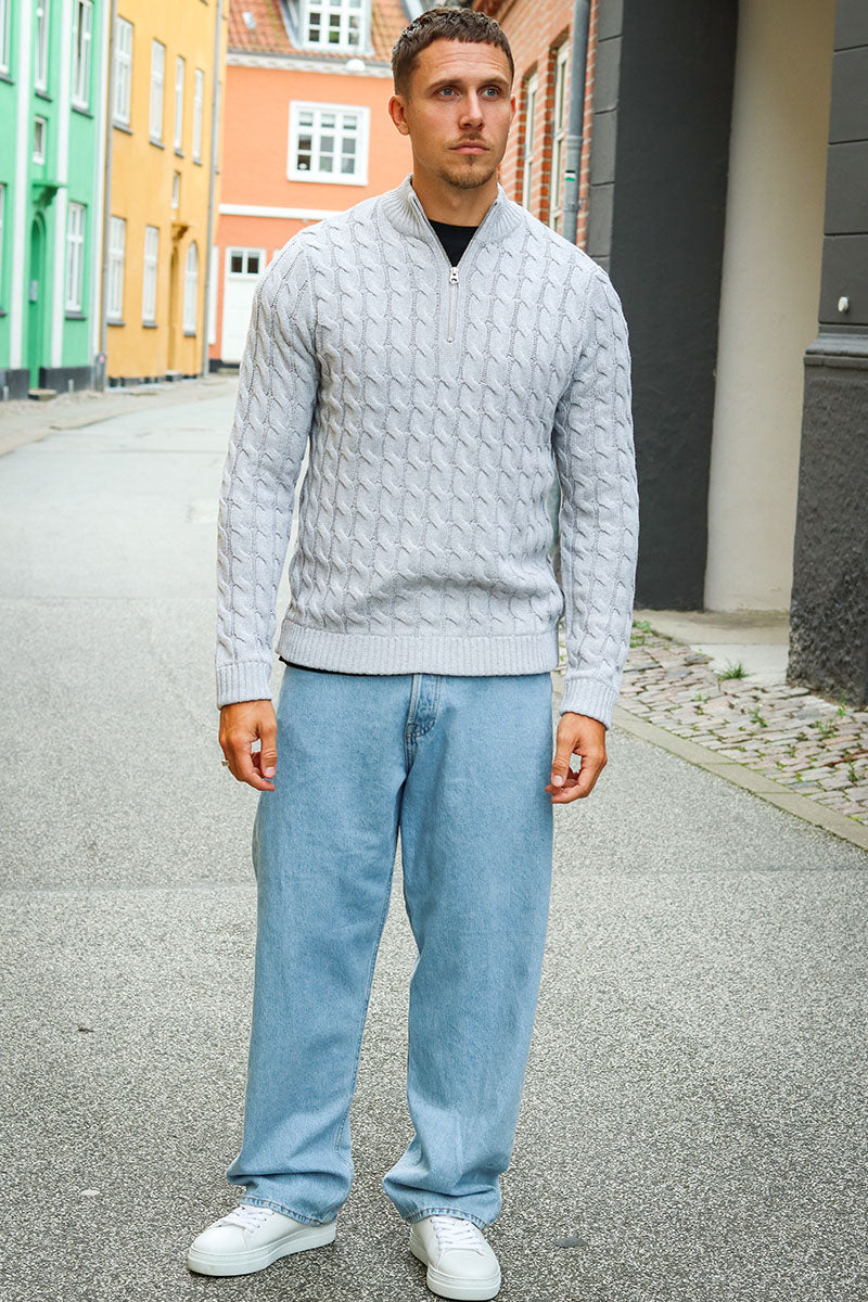 ONLY & SONS Kicker Cable Knit Half Zip Light Grey Melange - Image 2