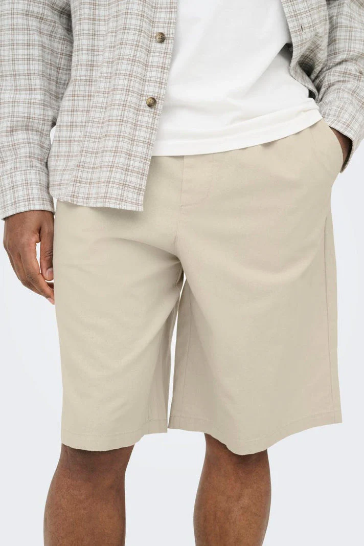 Only & Sons Daves Wide Cotton Linen Shorts 0007 Silver Lining - Image 4