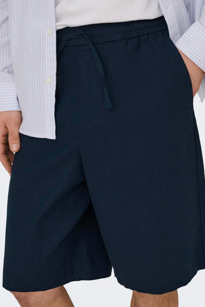 Only & Sons Daves Wide Cotton Linen Shorts 0007 Dark Navy - Image 4