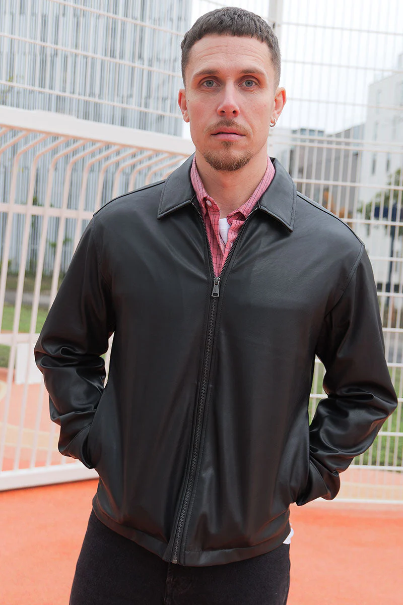 Jack & Jones Party PU  Zip Overshirt Black - Image 3
