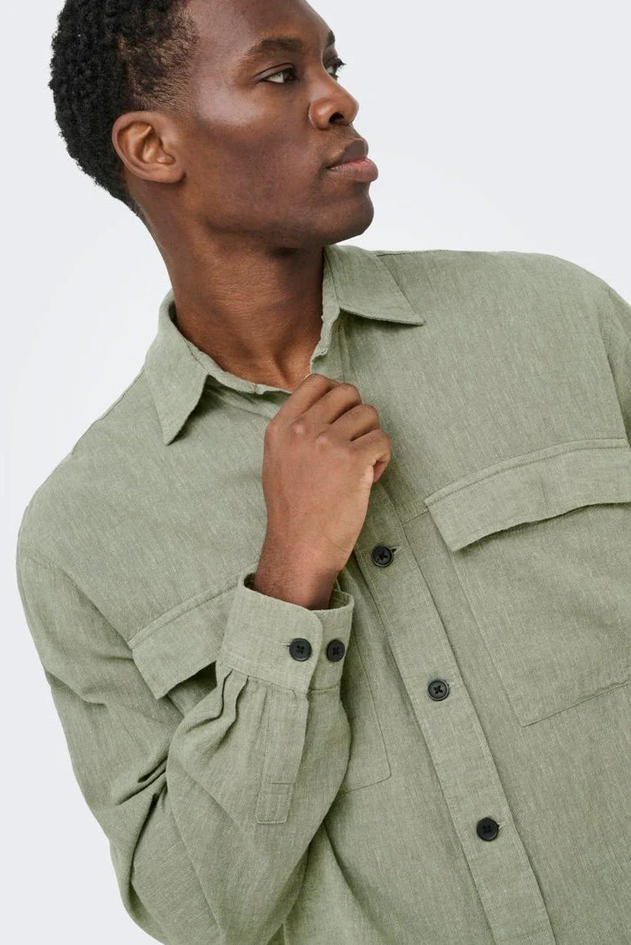 Only & Sons Caiden LS Overshirt Linen Blend Swamp - Image 4