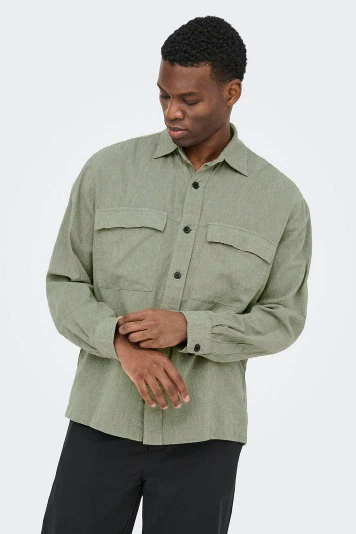 Only & Sons Caiden LS Overshirt Linen Blend Swamp - Image 5